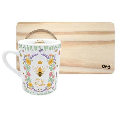 Caneca de Porcelana Mãe Rainha Tpc 120ML com Mini Bandeja de Pinus Branco Simas Presentes