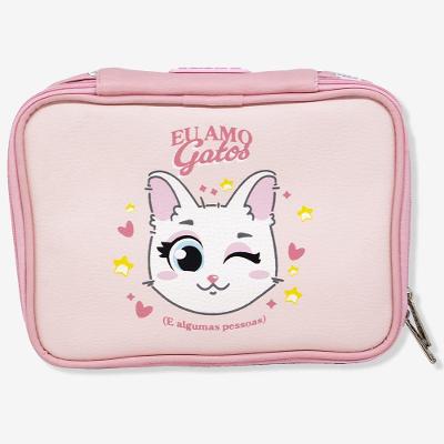 Estojo Zonacriativa Eu Amo Gato com 3 Compartimentos e Elásticos Internos para Até 100 Lápis Azul