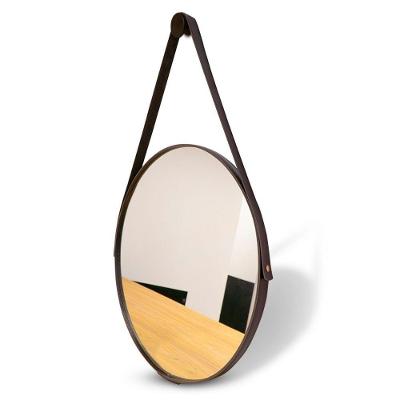 Espelho Decorativo Espelho Adnet Couro Costurado com Alça Redondo 60cm Moldura Moderna para Sala