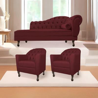 Kit Diva Recamier Diana 140Cm Lado Esquerdo E 02 Poltronas Julia Suede - Doce Sonho Móveis Bordô