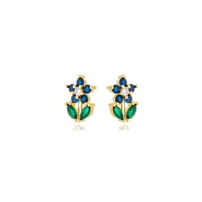 Brinco Atraktiva Jóias Flor Azul Feminina Banhada a Ouro 18k em Semijoia Dourado Azul