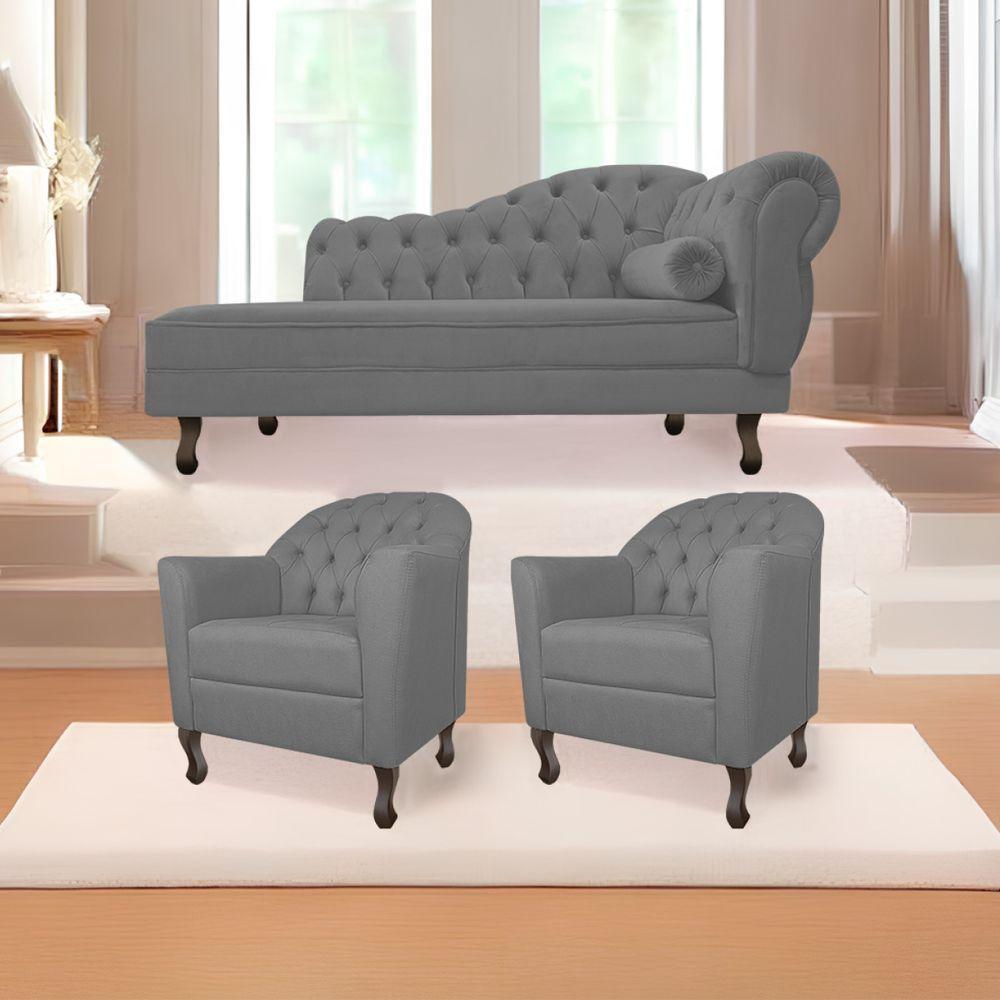 Kit Diva Recamier Diana 160Cm Lado Esquerdo E 02 Poltronas Julia Suede - Doce Sonho Móveis Cinza - 1