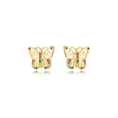 Brinco Atraktiva Jóias Borboleta com Zircônias Coloridas Semijoia Banhada a Ouro 18K Dourado