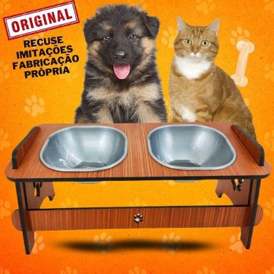 Comedouro Pet Suspenso OEM Duplo Cerejeira para Cães e Gatos em MDF 6mm com Tigelas de Polipropileno