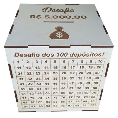 Cofre MDF Desafio 1mil 5mil 10mil 20mil para Juntar Dinheiro de Maneira Planejada Branco OEM