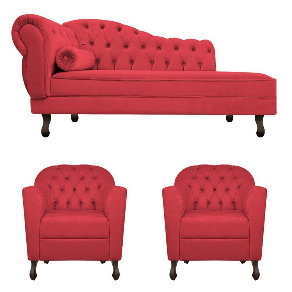 Kit Diva Recamier Diana 185Cm Lado Direito E 02 Poltronas Julia Suede - Doce Sonho Móveis Vermelho - 6