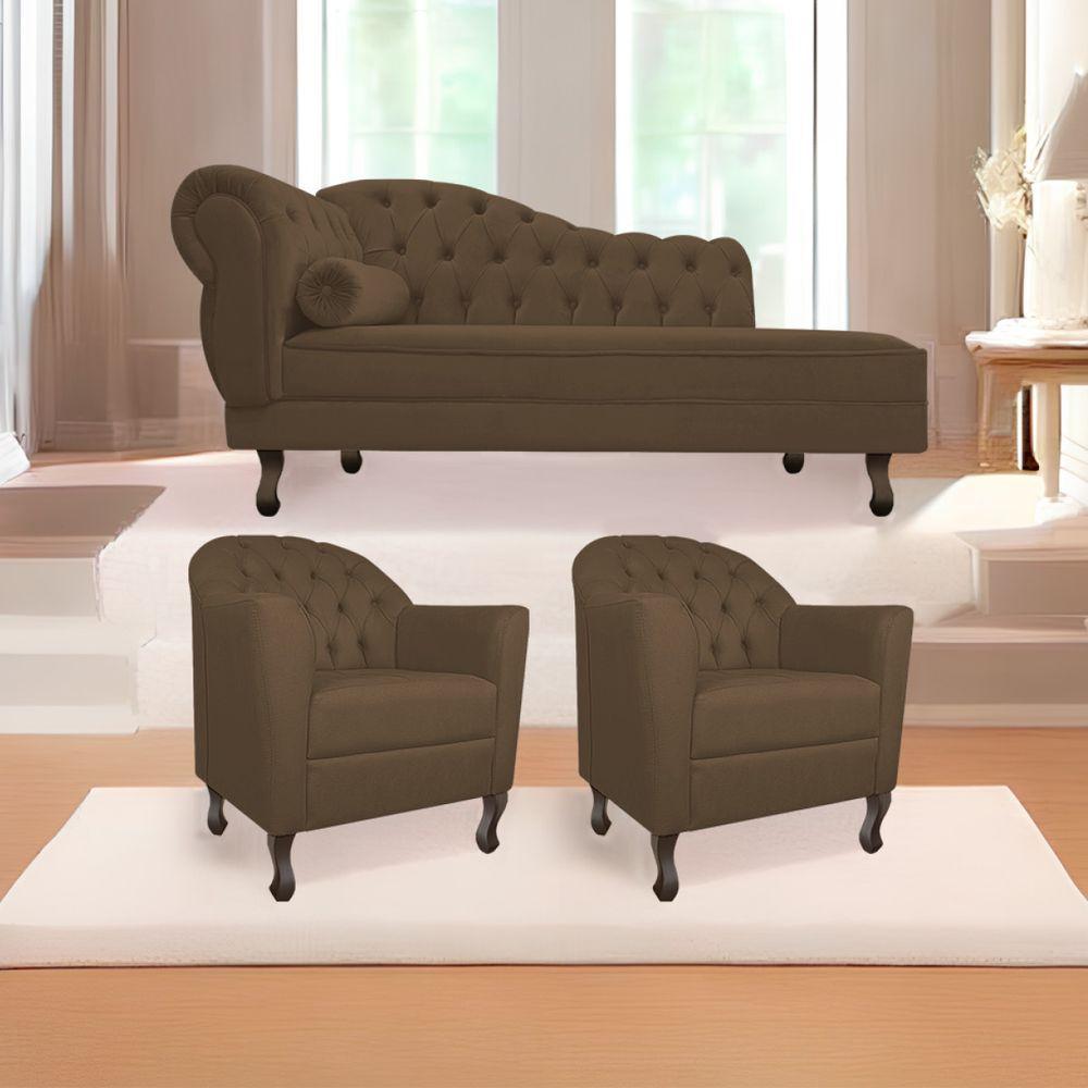 Kit Diva Recamier Diana 185Cm Lado Direito E 02 Poltronas Julia Suede - Doce Sonho Móveis Marrom - 1