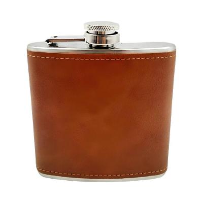 Cantil de Bolso 175ML em Aço Inox com Tampa anti-perda Hermética e Revestimento em Couro Marrom