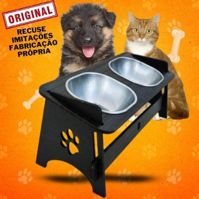 Comedouro Pet Suspenso OEM Duplo Preto para Cães e Gatos em MDF 6MM com Tigelas de Polipropileno