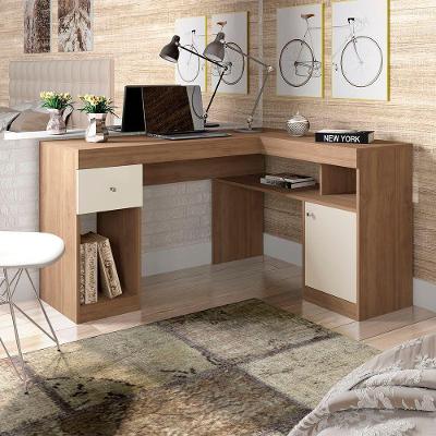 Escrivaninha de Canto em l Suzan Moderno 1 Gaveta MDF 137cm Bege Amarelado-off White