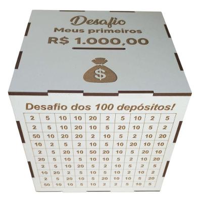 Cofre MDF Cofre do Desafio 1 Mil para Metas Financeiras com Painel de Progresso Branco OEM