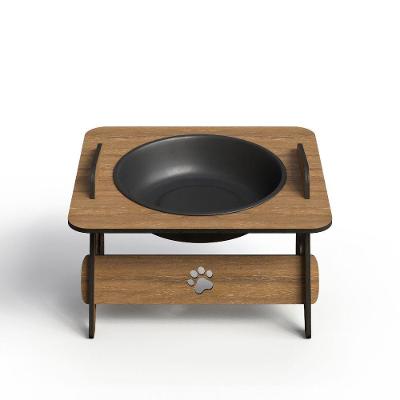 Comedouro Elevado para Pets OEM Unitário para Gato e Cachorro em MDF Marrom com Tigela 400ML