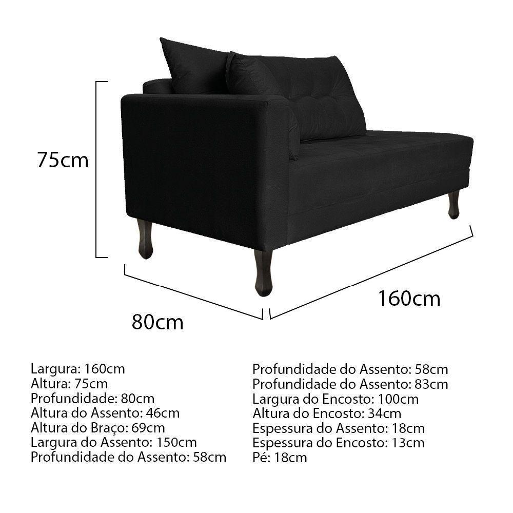 Kit Diva Recamier Azura 160Cm Lado Direito E 02 Poltronas Classic Suede - Doce Sonho Móveis Preto - 4