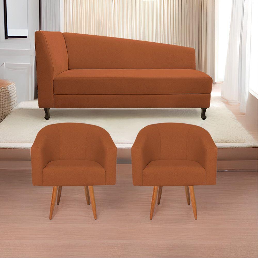Kit Diva Recamier Heitor 140Cm Lado Direito E 02 Poltronas Luiza Suede - Doce Sonho Móveis Terracota - 1