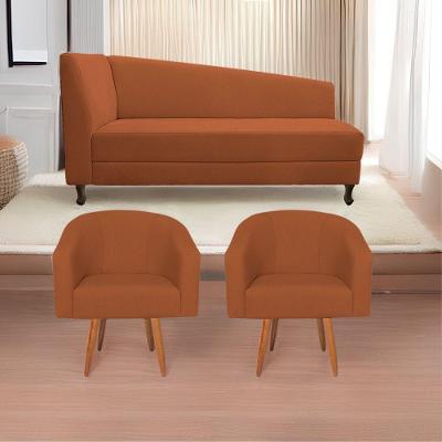 Kit Diva Recamier Heitor 140Cm Lado Direito E 02 Poltronas Luiza Suede - Doce Sonho Móveis Terracota