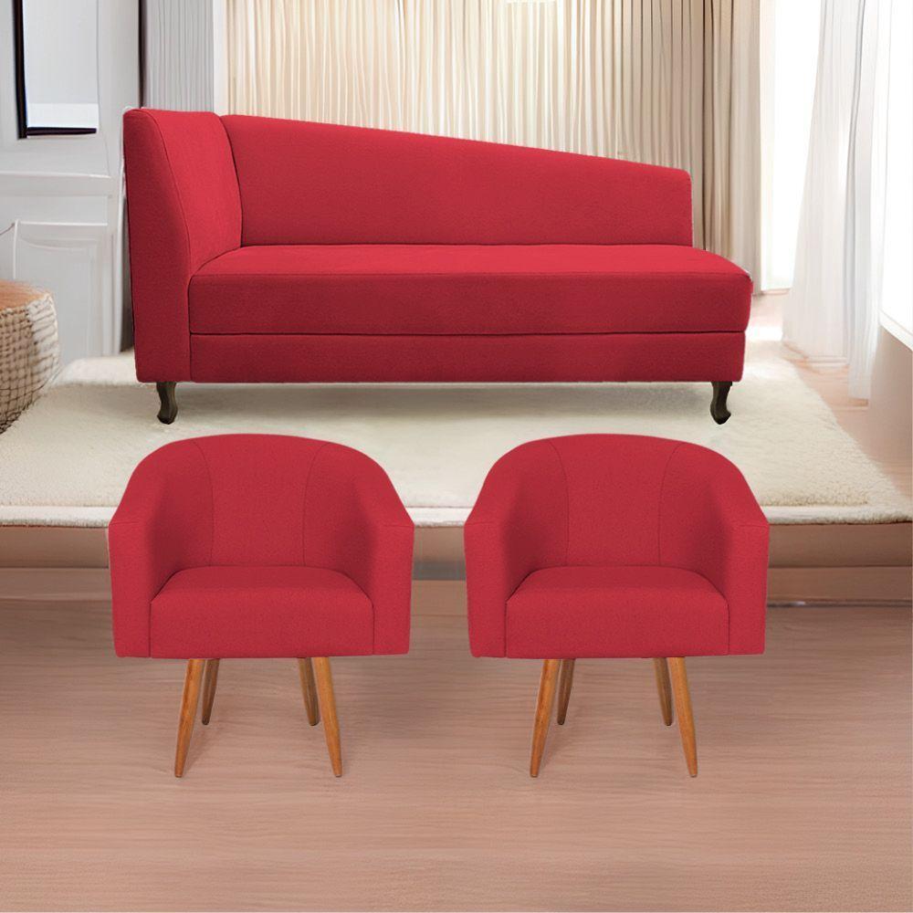 Kit Diva Recamier Heitor 140Cm Lado Direito E 02 Poltronas Luiza Suede - Doce Sonho Móveis Vermelho - 1