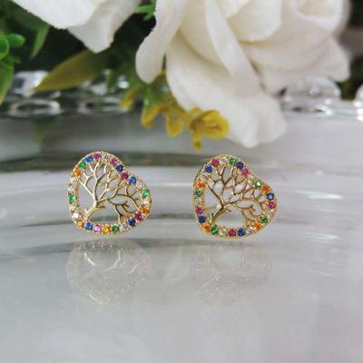 Brinco Coração Com Zirconia Colorida E Folheado Em Ouro 18k