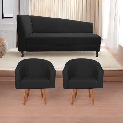 Kit Diva Recamier Heitor 140Cm Lado Direito E 02 Poltronas Luiza Suede - Doce Sonho Móveis Preto