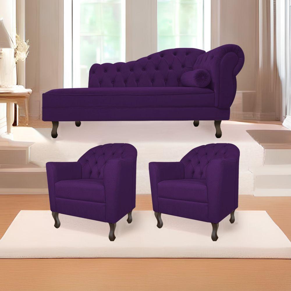 Kit Diva Recamier Diana 160Cm Lado Esquerdo E 02 Poltronas Julia Suede - Doce Sonho Móveis Roxo - 1
