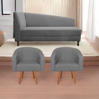 Kit Diva Recamier Heitor 140Cm Lado Direito E 02 Poltronas Luiza Suede - Doce Sonho Móveis Cinza - 1