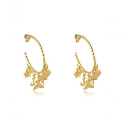Brinco Argola Médio Com Pingente Marinho Banhado Em Ouro 18k [f027]