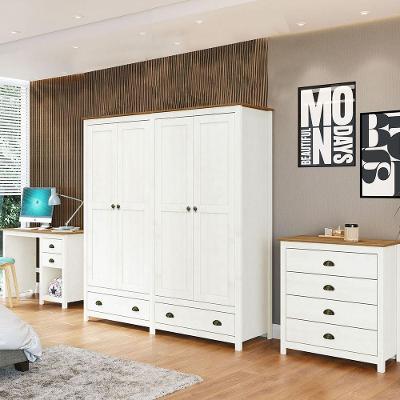 Conjunto Quarto Topázio com Guarda-Roupa 4 Portas e Cômoda 4 Gavetas em Madeira Maciça Branco-Freijó