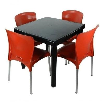 Conjunto Mesa Quadrada e 4 Cadeiras com Pés de Alumínio Estrutura Empilhável Preto