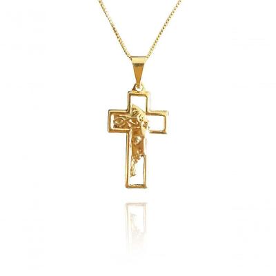 Colar Com Pingente De Cruz E Face De Jesus Banhado Em Ouro 18k [f027]