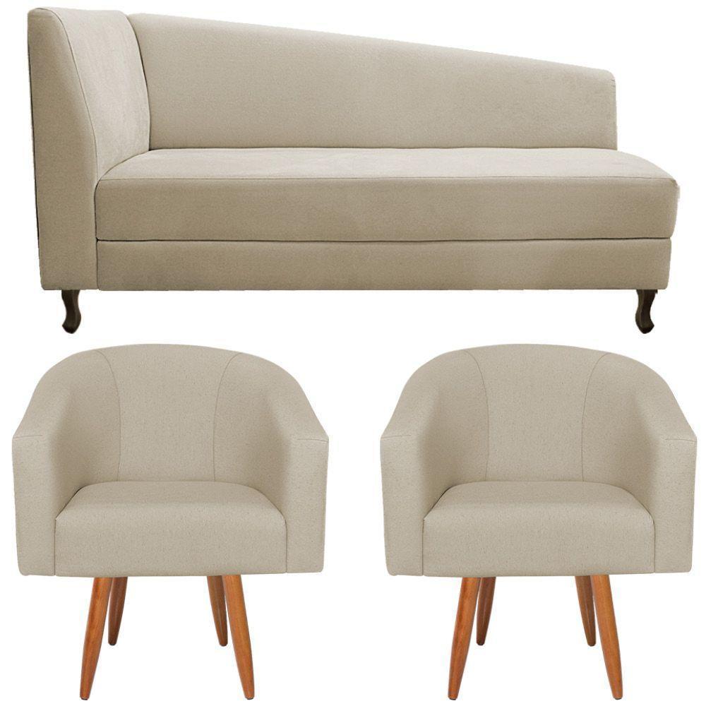 Kit Diva Recamier Heitor 185Cm Lado Direito E 02 Poltronas Luiza Suede - Doce Sonho Móveis Bege - 6
