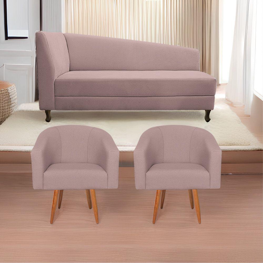 Kit Diva Recamier Heitor 185Cm Lado Direito E 02 Poltronas Luiza Linho - Doce Sonho Móveis Rosê - 1
