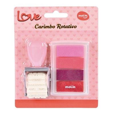 Carimbo Rotativo Molin do Brasil Love Molin Rosa com 12 Possibilidades em 1 e Estojo Tinteiro Rosa