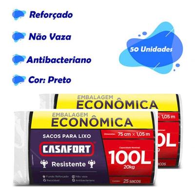 Saco para Lixo Cozinha Lixeira Preto 100L Kit 50 Unidades Reforçado Antibacteriano Higipack