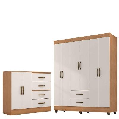 Kit Guarda Roupa Casal Lisa 6 Portas de Bater 4 Gavetas em MDP Nature-off White