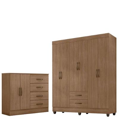 Kit Guarda Roupa Casal Lisa 6 Portas de Bater 4 Gavetas em MDP Texturizado Carvalho Oak