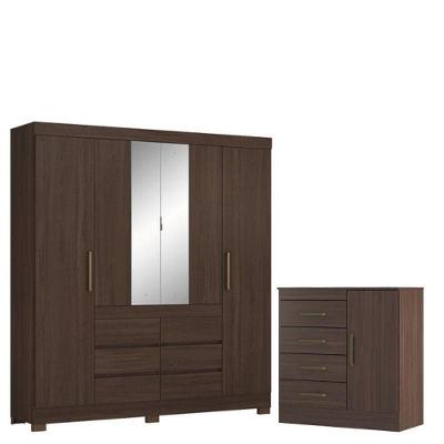 Guarda Roupa Casal Cádis 4 Portas 6 Gavetas em MDP com Espelho Café Touch