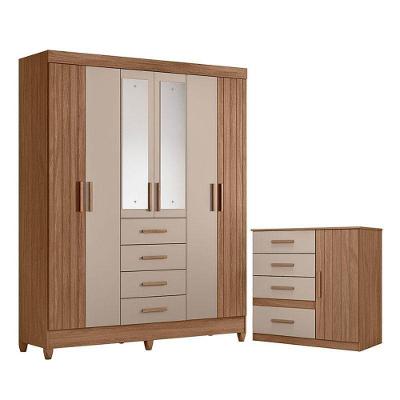 Guarda Roupa Solteiro Aruba 6 Portas Giratórias 4 Gavetas em MDF com Espelho Carvalho Fendi Fosco