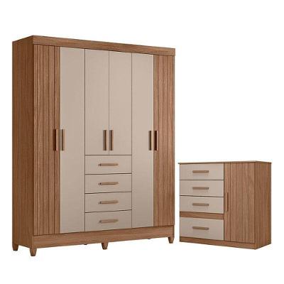 Guarda Roupa Solteiro e Cômoda Aruba e Vênus 7 Portas 8 Gavetas MDP Carvalho Fendi Fosco