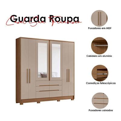 Guarda Roupa Casal San Francisco 6 Portas 6 Gavetas Carvalho Fendi MDP com Espelho Moval