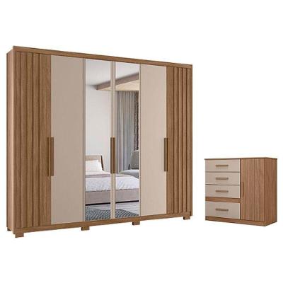 Guarda Roupa Casal e Cômoda Araguaia Vênus 7 Portas 8 Gavetas MDP Carvalho Fendi