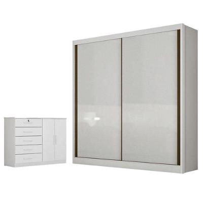 Guarda Roupa Solteiro Toledo com Cômoda Seul 2 Portas Giratórias 3 Gavetas MDF Fosco Neve