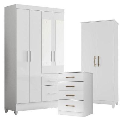 Guarda Roupa Infantil Madri com Cômoda MS913 e Armário Jade 4 Portas 2 Gavetas MDP Branco Moval