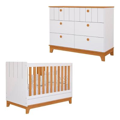 Conjunto de Berço e Cômoda Biscoito 6 Gavetas MDF 133 cm Branco Acetinado Nature Loja Doce Lar