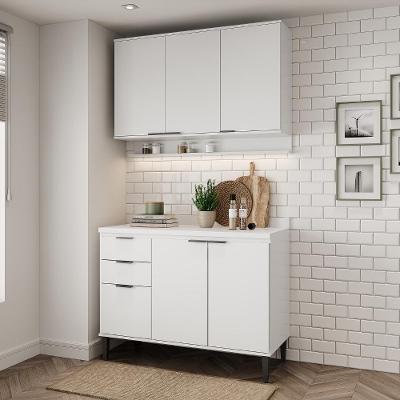 Armário de Cozinha Completa com Balcão Miami Tiny 5 Portas 3 Gavetas MDP Branco