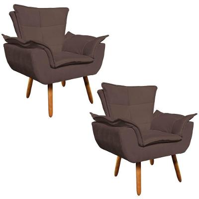 Kit 2 Poltronas Sala de Estar Pés Palito Suede Marrom Ibiza
