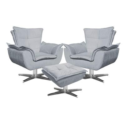 Kit 2 Poltronas Cromada Com Puff Suede Cinza Ibiza