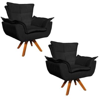 Kit 2 Poltronas Sala de Estar Madeira Suede Preto Ibiza