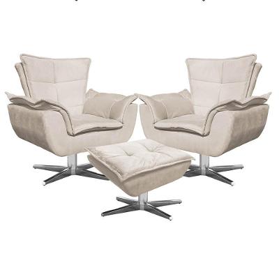 Kit 2 Poltronas Cromada Com Puff Suede Bege Ibiza