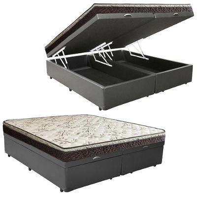Cama Box Baú Queen Sintético Bipartido + Colchão Elegance Ortopédico Espuma D33 63x158x198 cinza