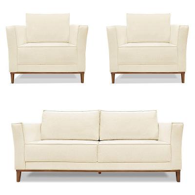 Kit 2 Poltronas E Sofá 2 Lugares 1,70m Pés Castanho Bege
