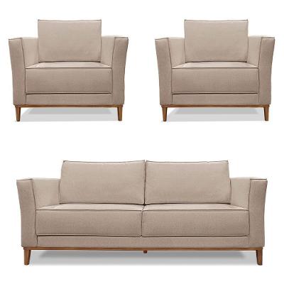 Kit 2 Poltronas E Sofá 2 Lugares 1,70m Areia Pés Castanho